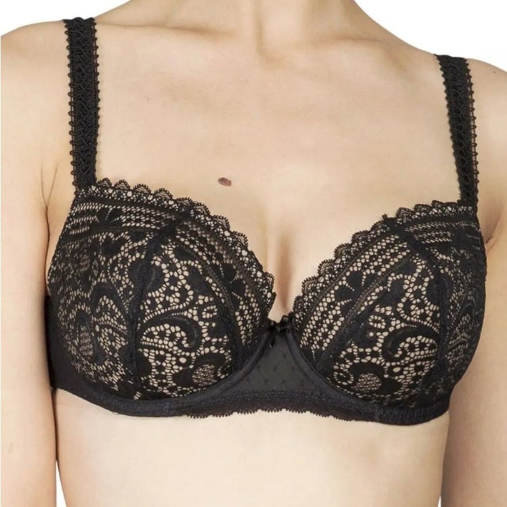 Maison Lejaby Hanae Crochet Lace Bra 36F Black Underwire